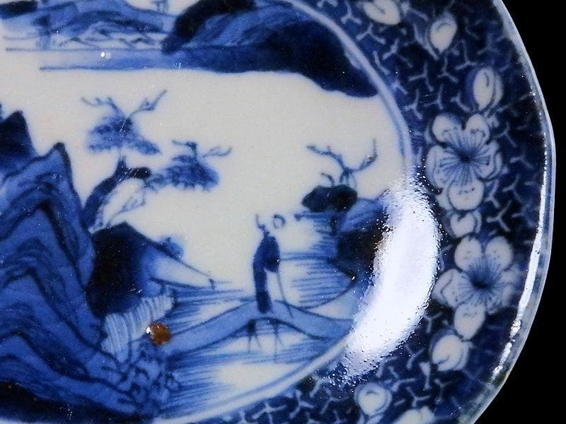 古伊万里　染付　墨弾き　梅に山村の図　手塩皿　A961AS-CWi