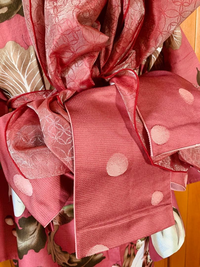 京都きもの町　浅蘇芳色野菜の浴衣と源氏物語のリバーシブル半幅帯と兵児帯と帯締め