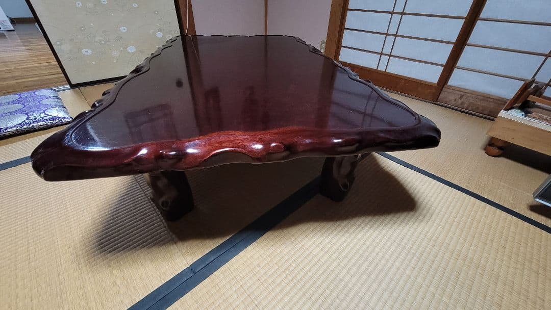 木製 赤褐色 艶 流線形座卓