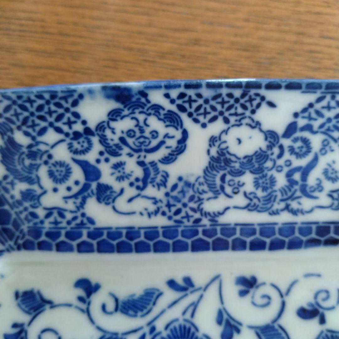 印判 隅切り 八角大皿 野兎と獅子 骨董 アンティーク