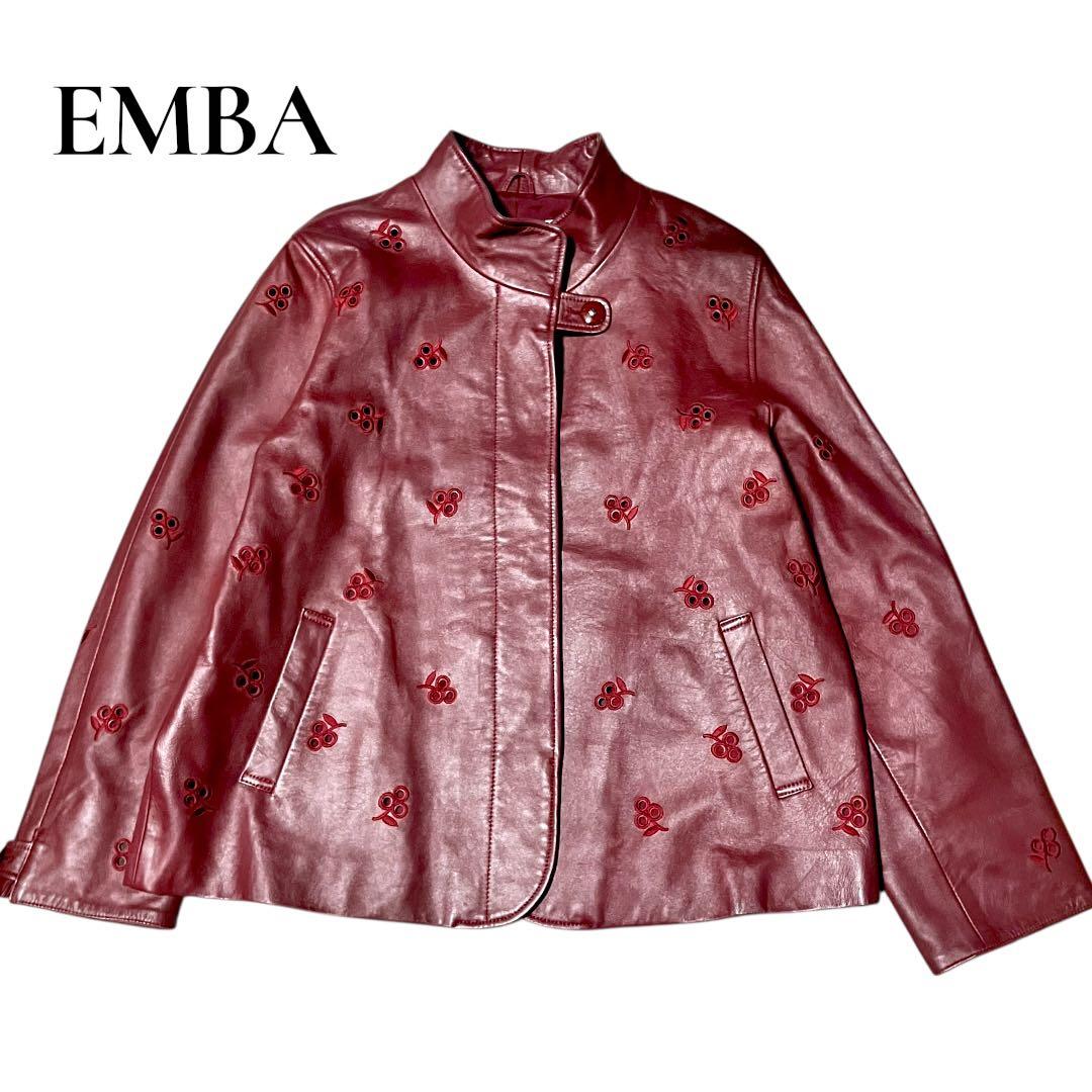 美品✨EMBA レザージャケット　フラワーカットワーク　ワイドシングルライダース