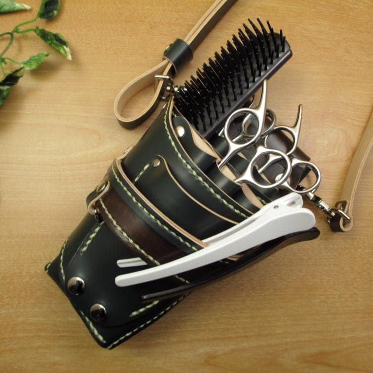 ダークグリーン＆焦げ茶　６丁　革ベルト付　シザーケース　SCL-100/CGB