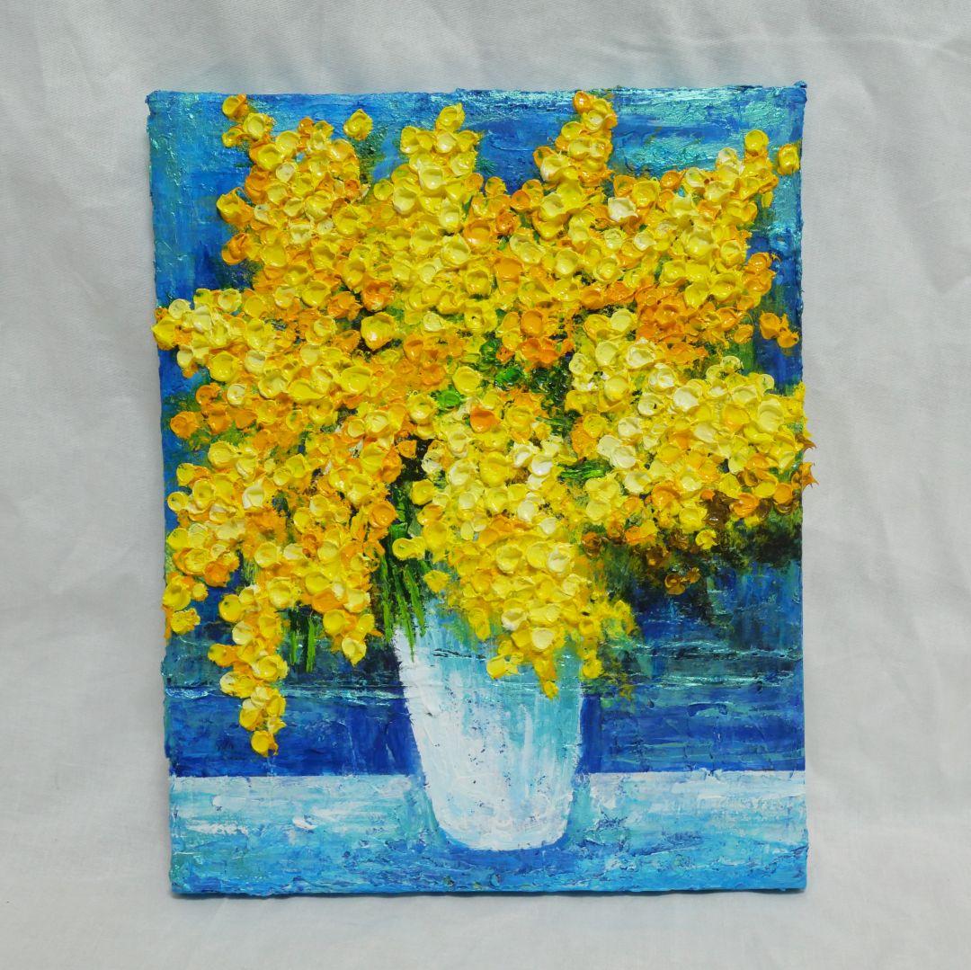 油絵 油彩 油彩画 絵 絵画 【青い背景のミモザ】
