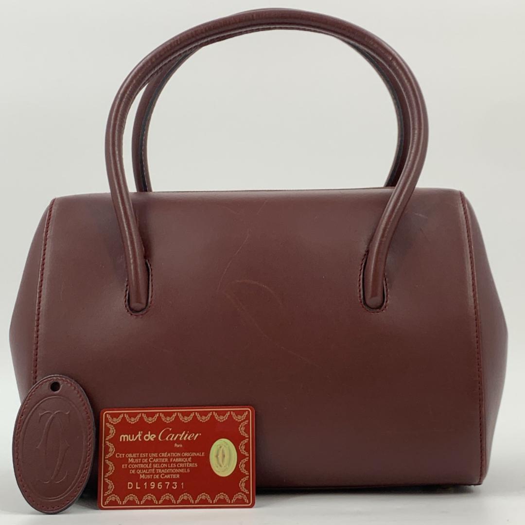 カルティエ マストライン トート ハンドバッグ ミニボストン ボルドー レザー