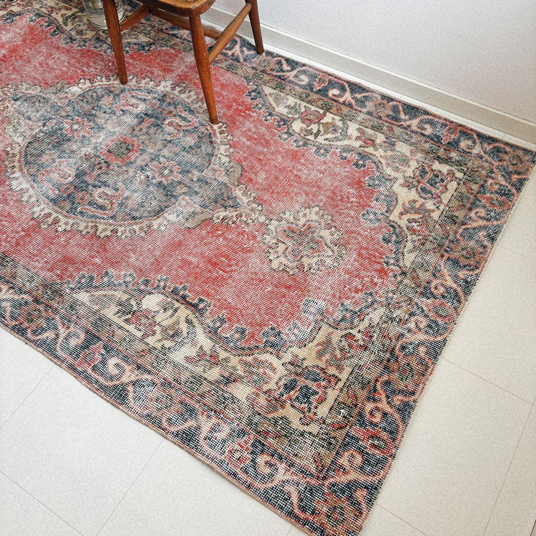 トルコ　ヴィンテージラグ　ピンク　ブルー　メダリオン