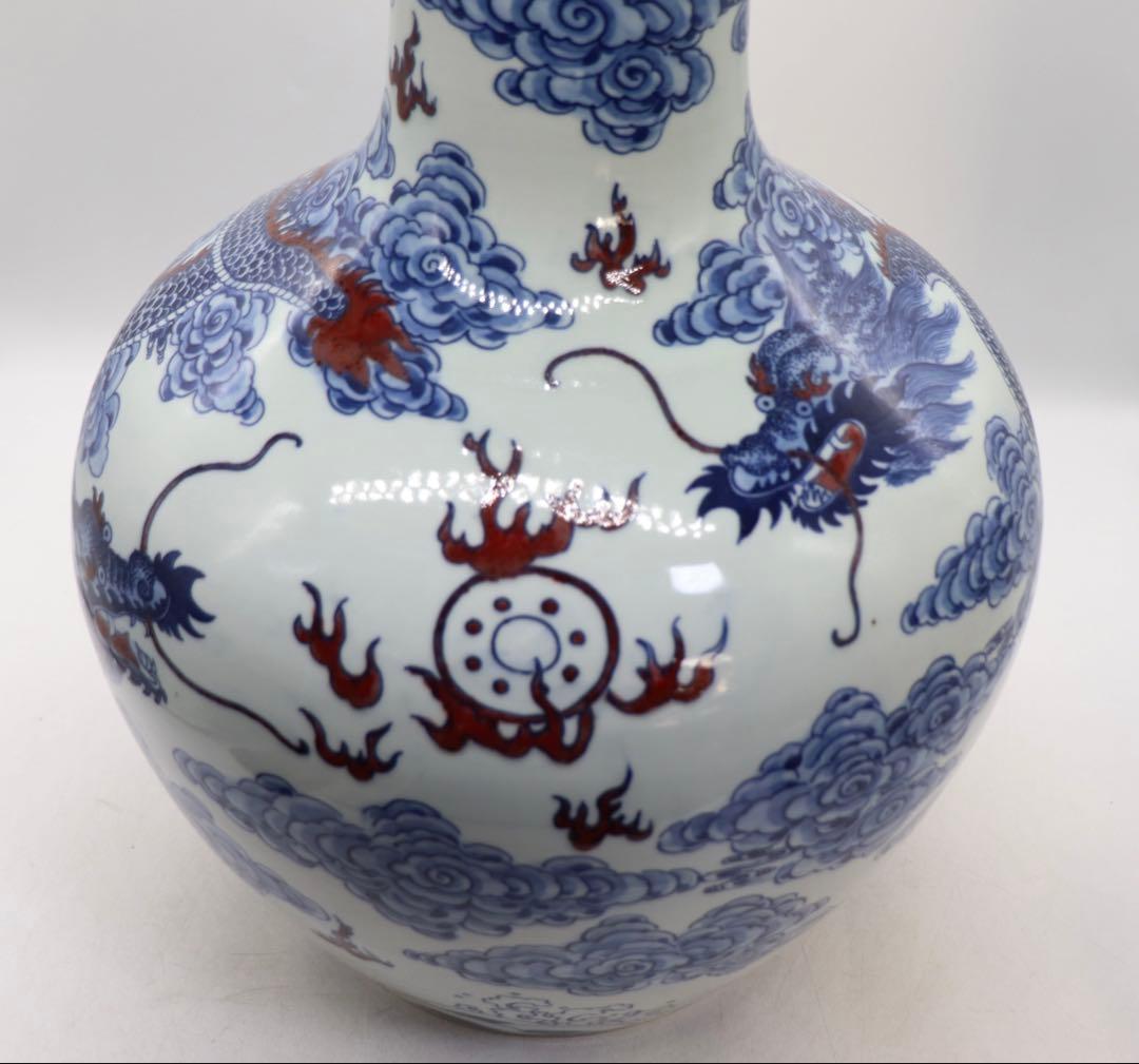 中国　青華釉裏紅　龍紋大瓶　大清康熙年製銘　高さ48cm 送料込み260124