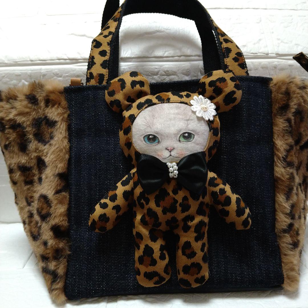 ゆ*ら様 コヤンイサムチョン☆スクエアトートバッグ　デニム＆ヒョウ柄ボア　オッド