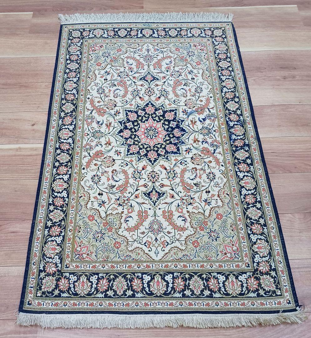 Y3283 高級ペルシャ絨毯 クム産 工房サイン シルク100% 手織り