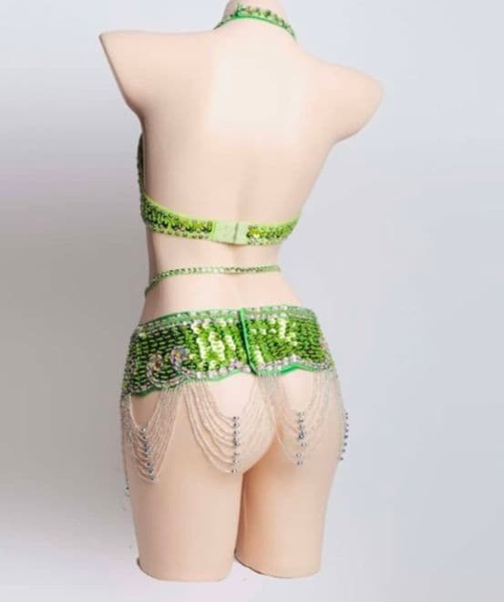 美品　ベリーダンス衣装　セットアップ　ブラベルト　ライトグリーン　オリエンタル