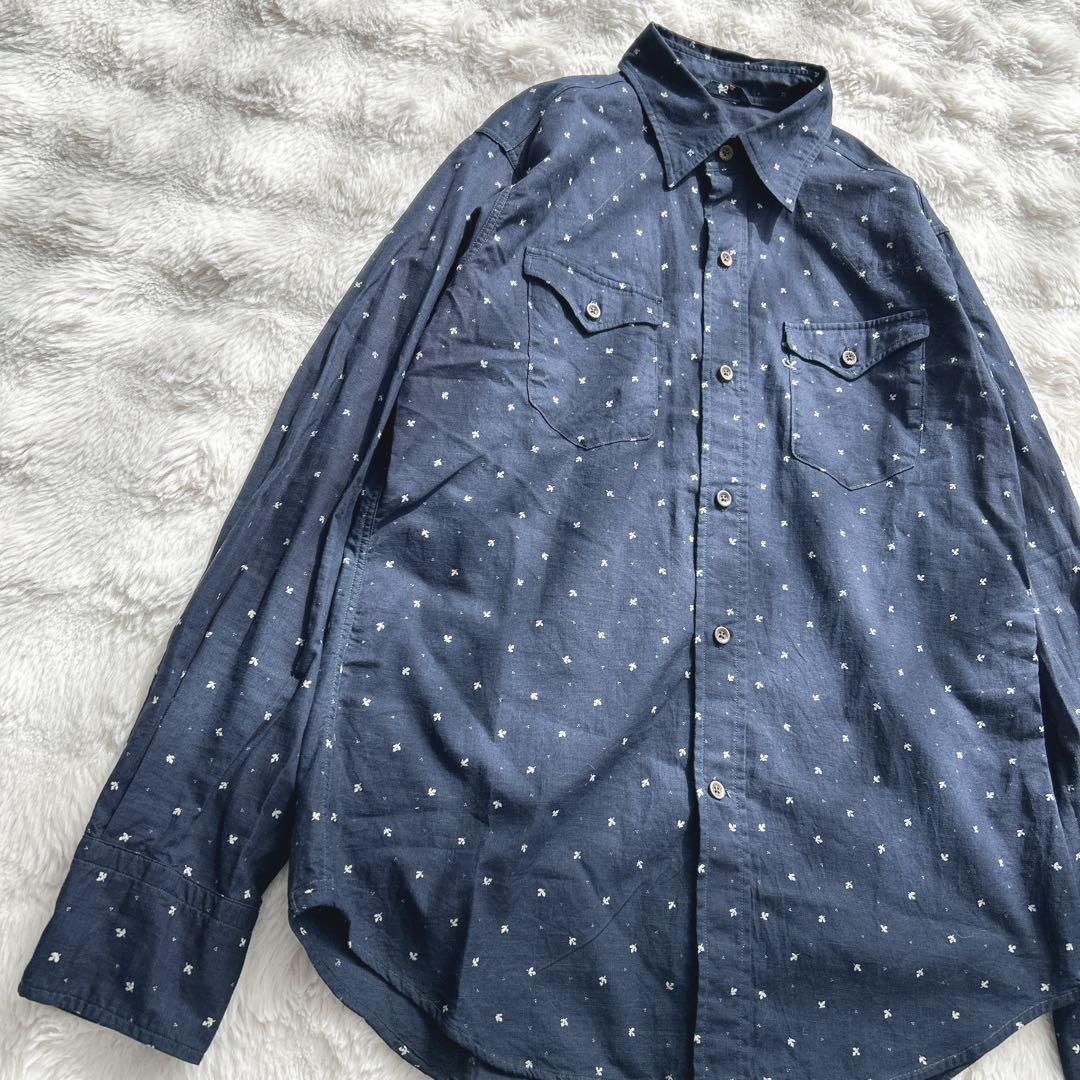 45R★総柄　インディゴ染　シャツ　ブラウス　コットン　藍色