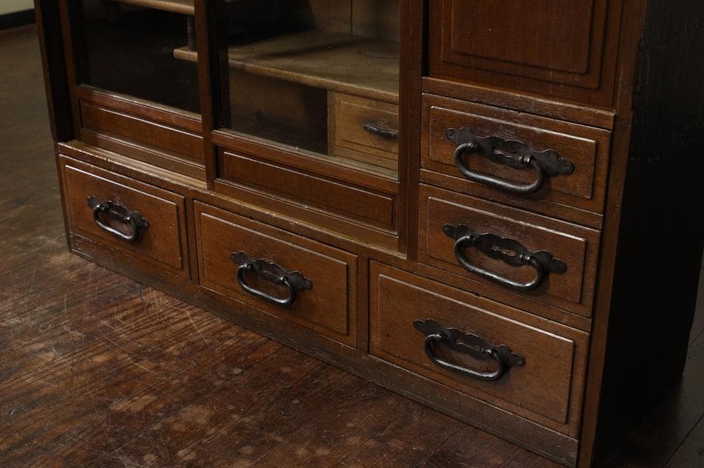 古い木製茶箪笥 収納棚/和家具/飾棚/食器棚時代箪笥/茶道具/ガラス戸棚/煎茶棚