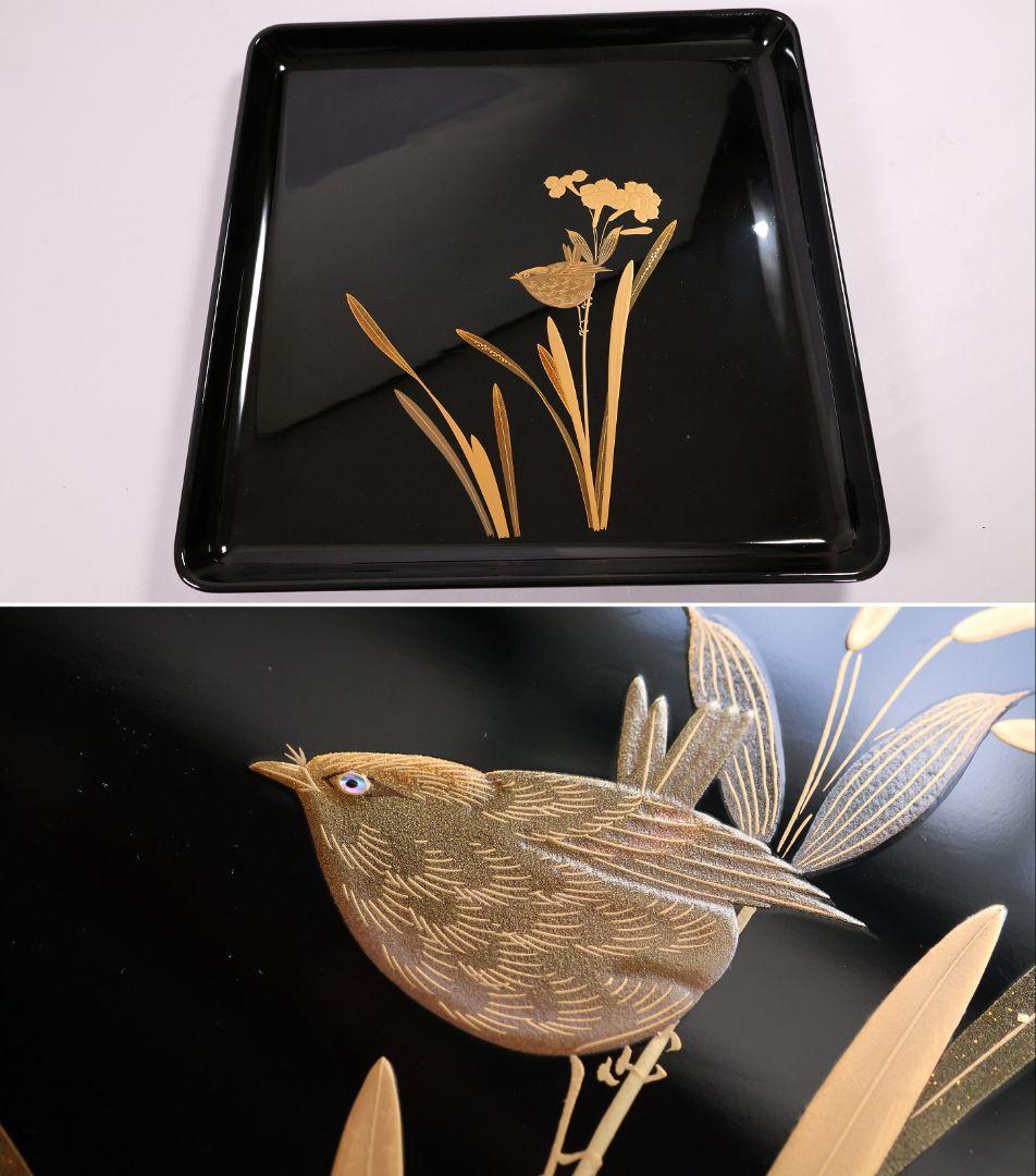 【MB204】天然木漆塗 花鳥絵替金蒔絵 黒塗卓上膳十客 四方膳 36.3cｍ