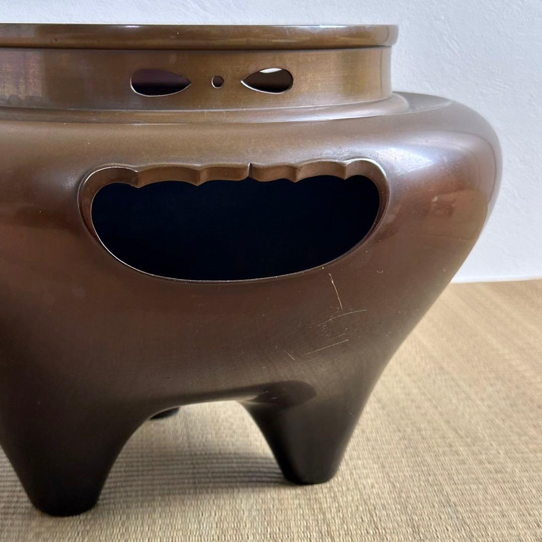 唐銅【朝鮮風炉釜 茶釜】釜環 銅蓋 電熱器付 茶道具
