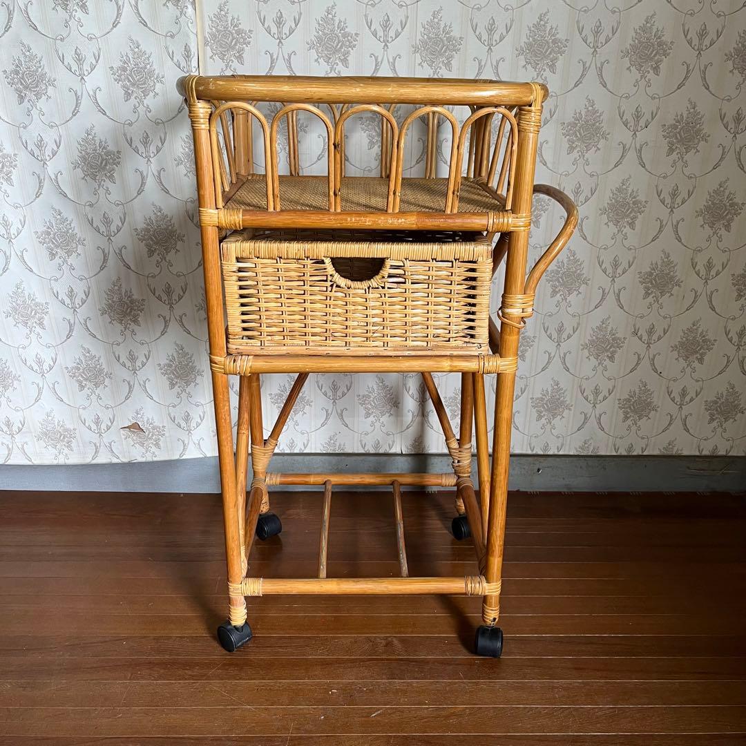 【アンティーク】籐 ラタン キャスター付き ランドリーラック シェルフ 脱衣かご