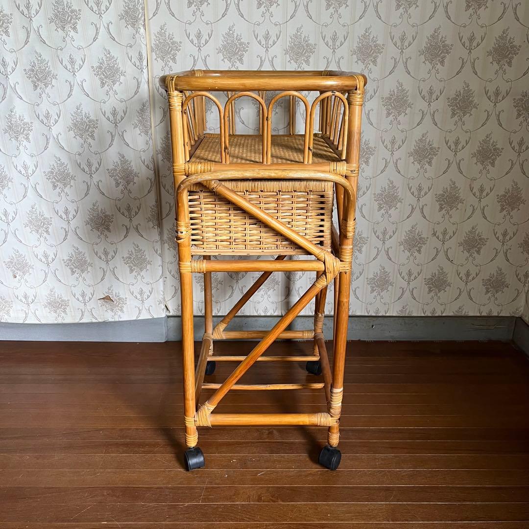 【アンティーク】籐 ラタン キャスター付き ランドリーラック シェルフ 脱衣かご