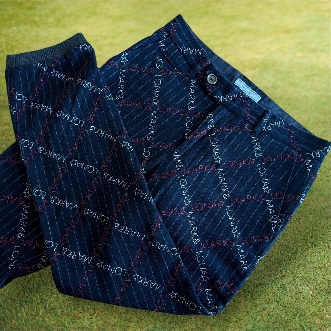 起毛素材　秋冬　マークアンドロナ　ジョガーパンツ　総柄　S〜M相当　紺　ネイビー