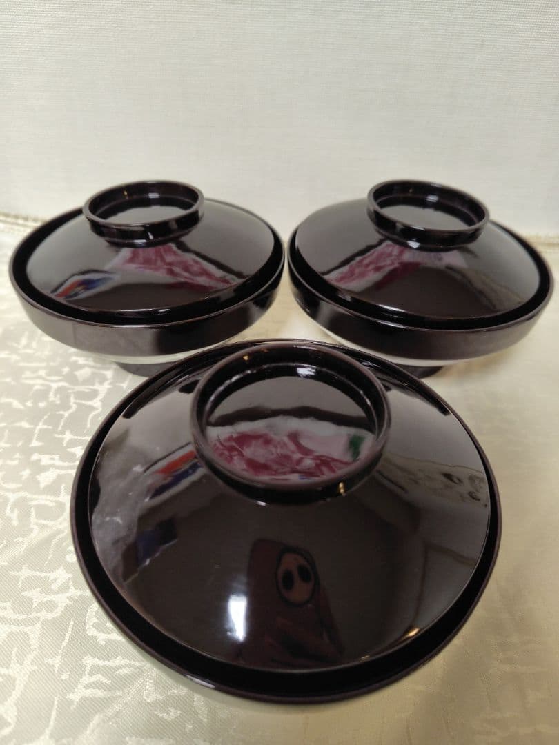 輪島塗　お椀　蒔絵富士山金波模様　吸物椀　三客　木製　当時物　時代物