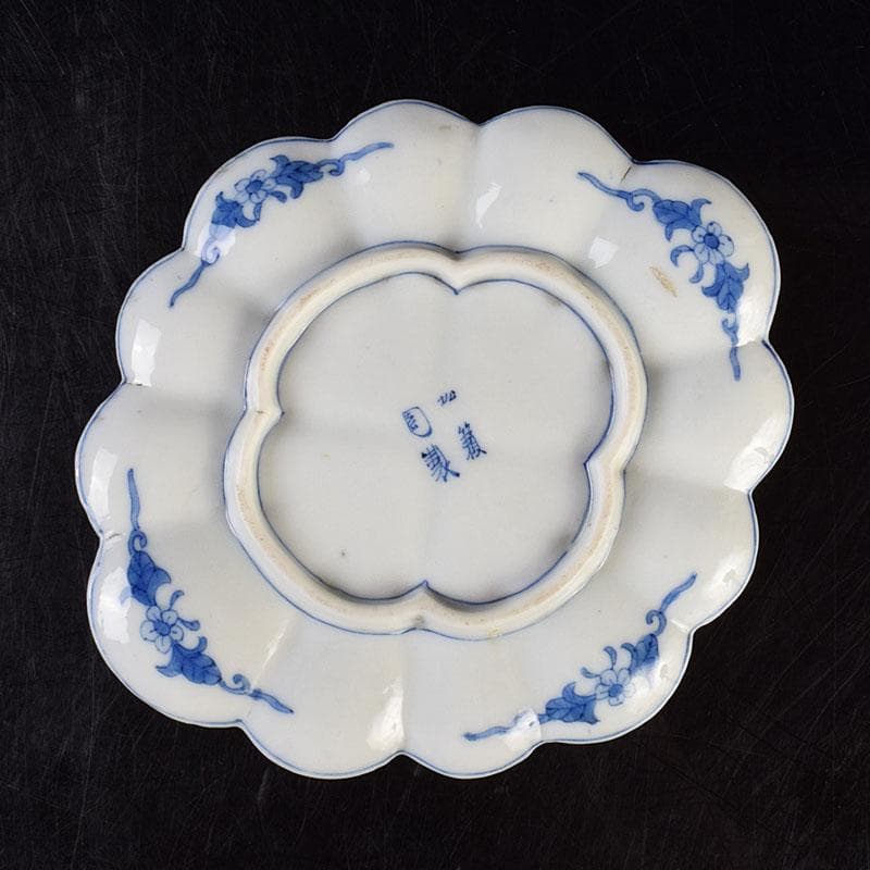 瀬戸焼　松籟園製　染付　花鳥文　扇面皿　V　R9526