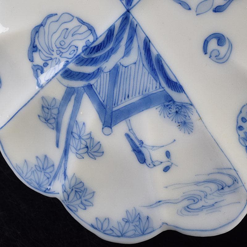 瀬戸焼　松籟園製　染付　花鳥文　扇面皿　V　R9526