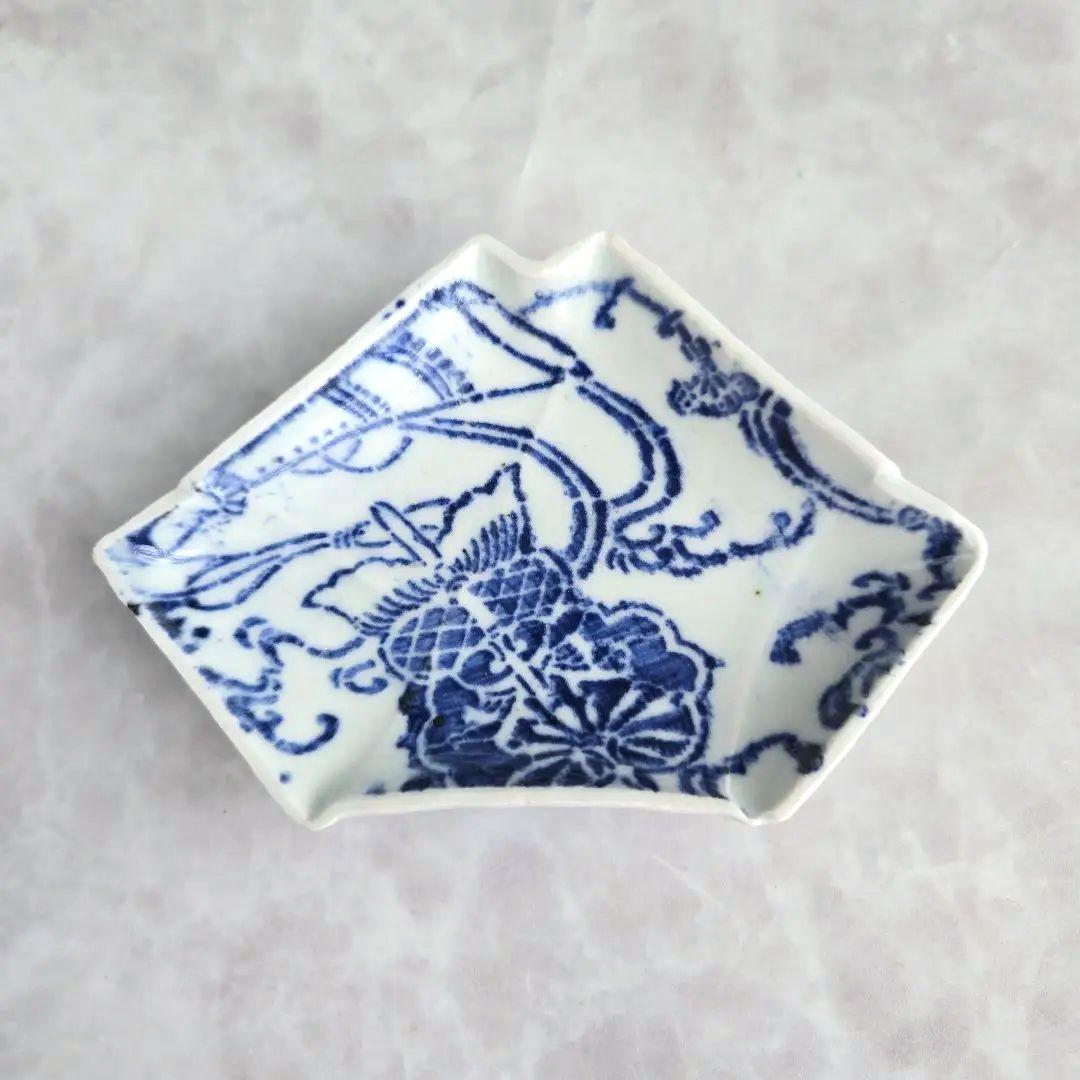 古伊万里　染付小皿　型紙摺　印判　軍配　上手　型物　骨董品　アンティーク　金継ぎ