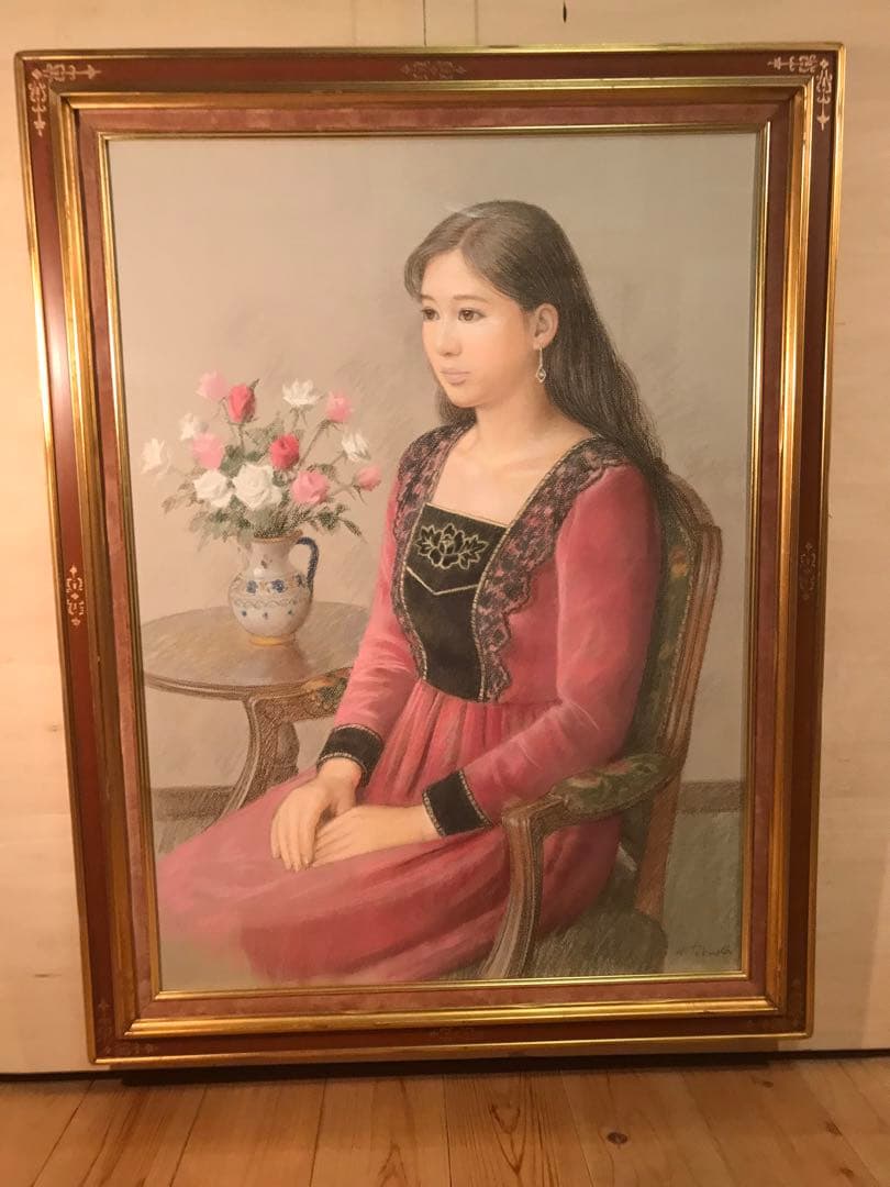 徳田宏行　「赤いドレスの女性」　パステル画２０号　直筆サイン有り