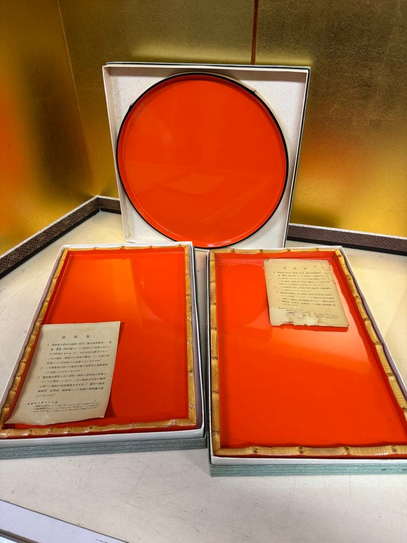 琉球塗 漆器 盆 セット 朱×黒 丸盆 角盆 箱付き 中古