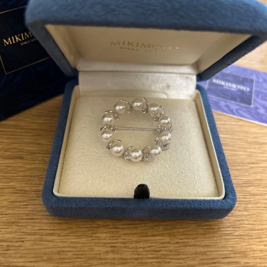 MIKIMOTO ミキモト　真珠　パール　シルバー　葉彫り　月桂樹　ブローチ