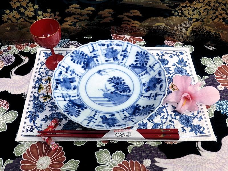 平戸　伊万里　染付　芙蓉手　隠れ蓑に花の図　６寸皿　２枚　E179AS-CSh