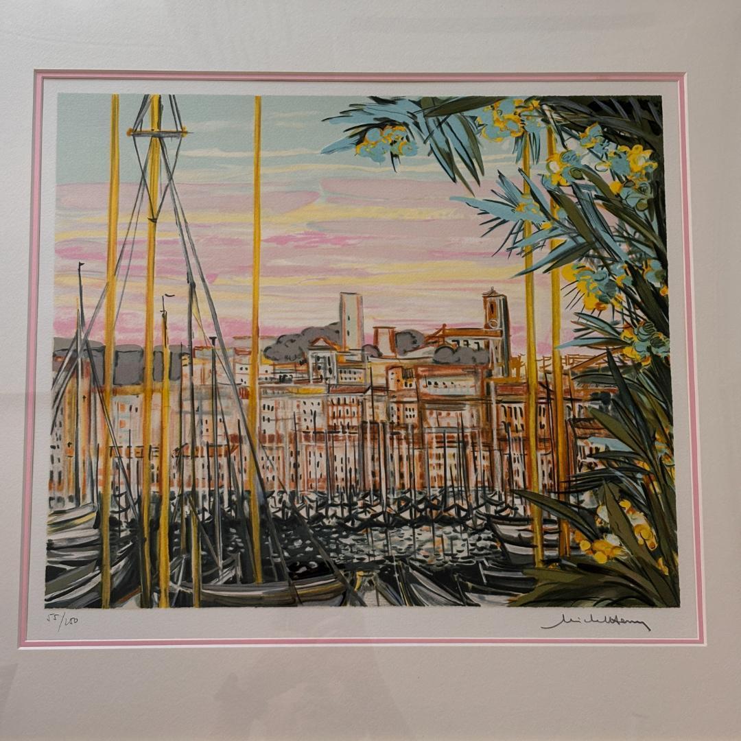 ミッシェル・アンリ『カンヌのハーバー』直筆サイン・リトグラフ／額装輸送箱付き