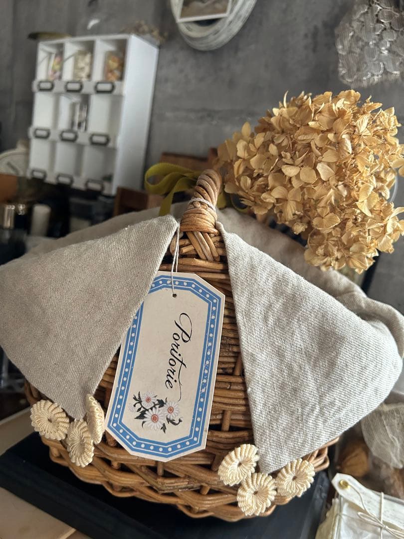 poritorie マーガレット刺繍 リネンカバー かご バスケット