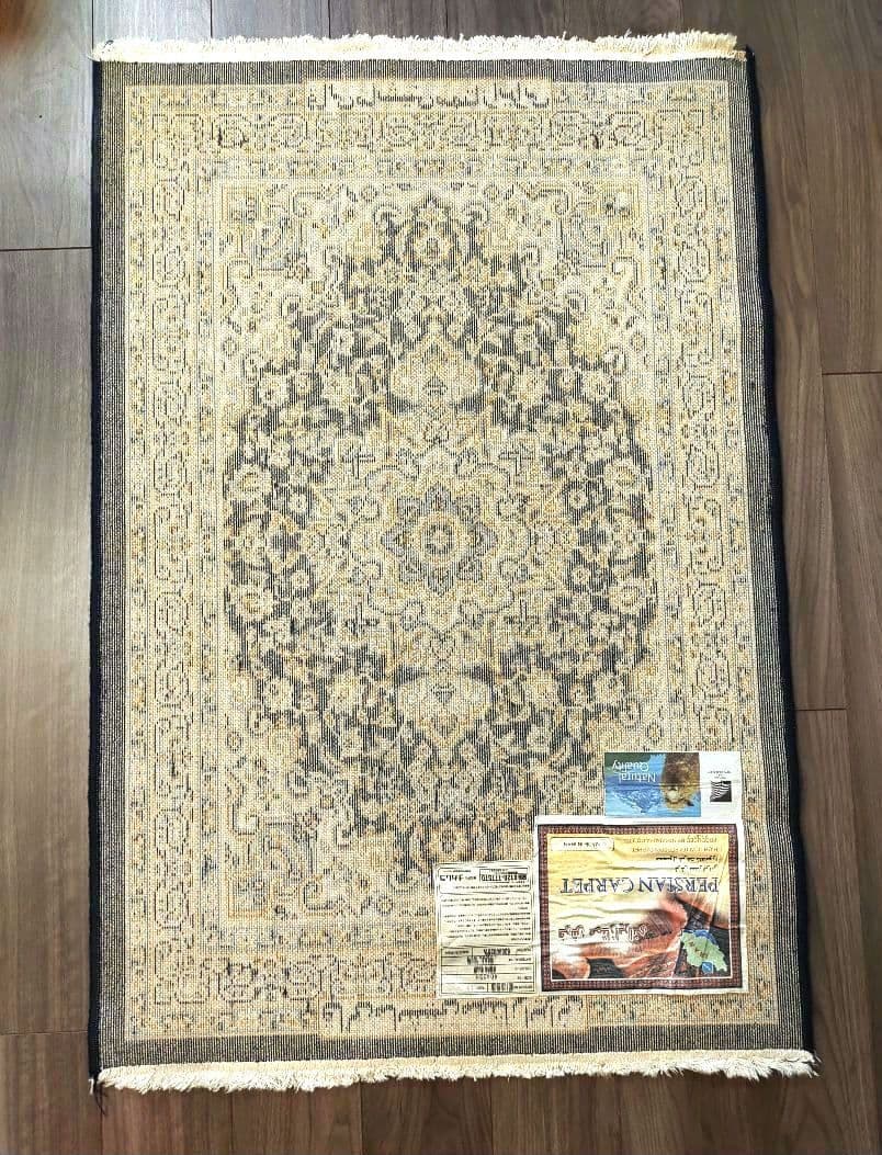 80×120 イラン製 ウール ペルシャ絨毯 メダリオン柄 ネイビー ベージュ