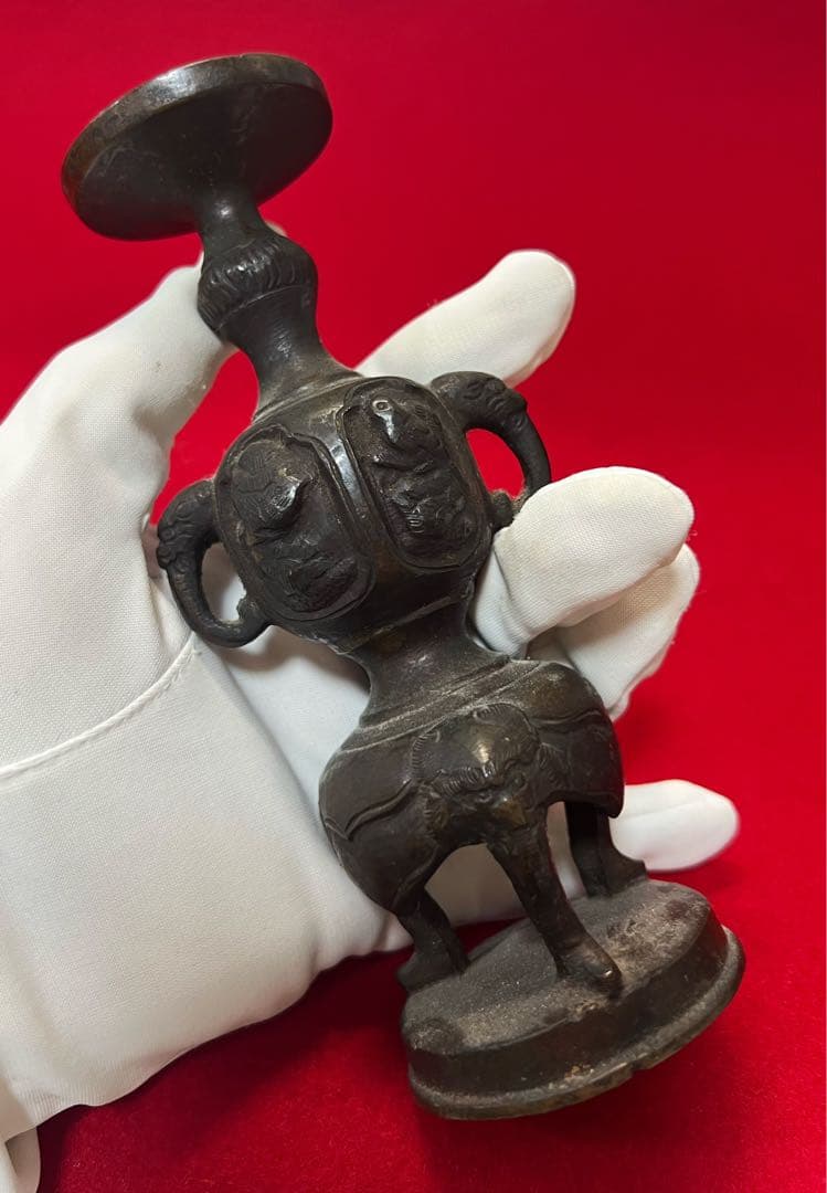 古道具 古銅 三足 獸足獸耳 燭台 燈台 アンティーク　仏具