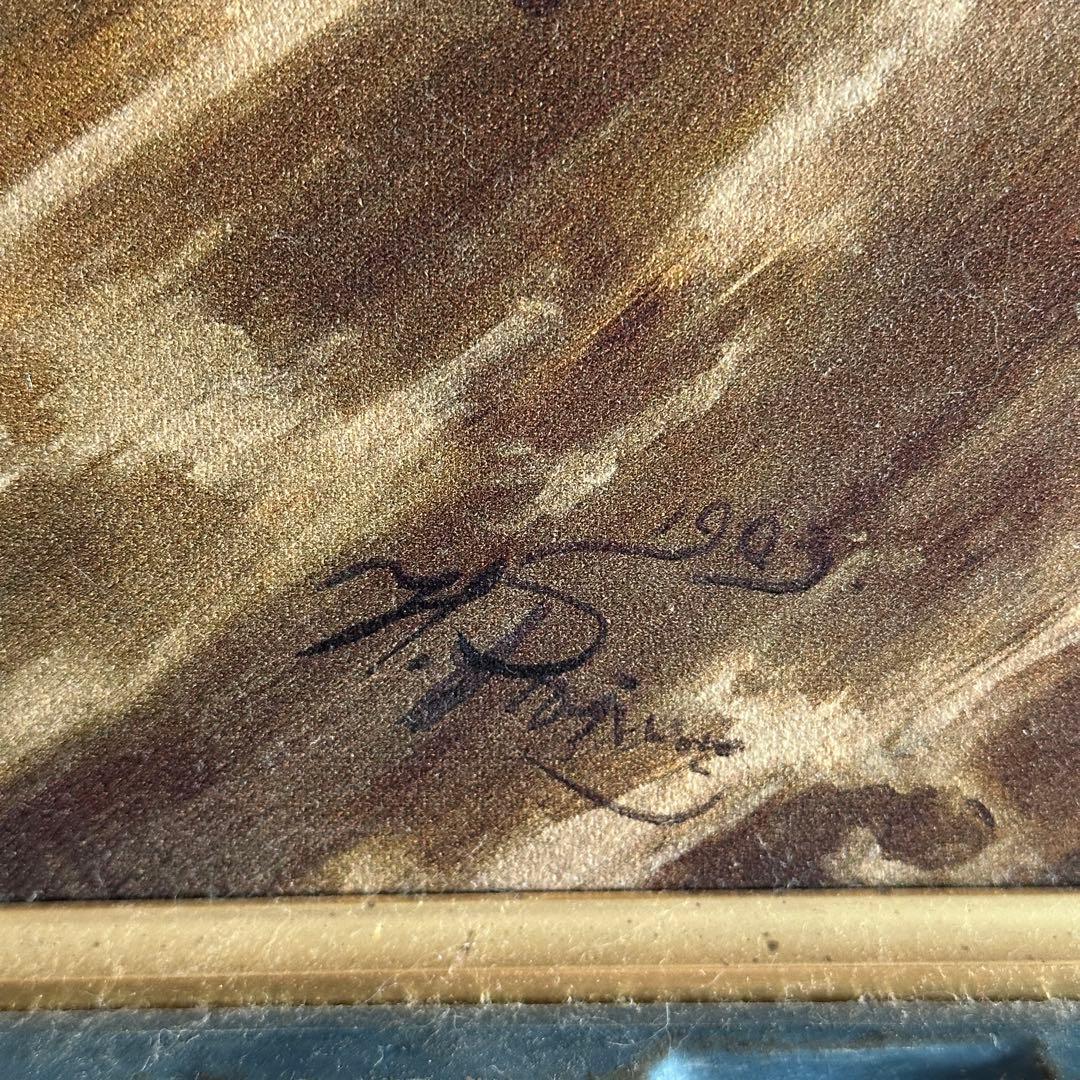 海と女性の油彩画　装飾フレーム付き 75x51.5cm