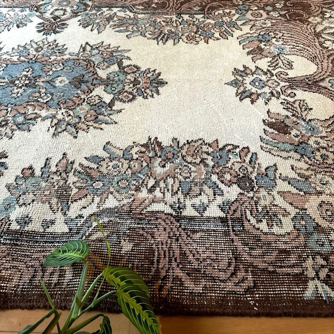 119×204ブラウン×クリーム　ピンク水色　メダリオン　トルコヴィンテージラグ