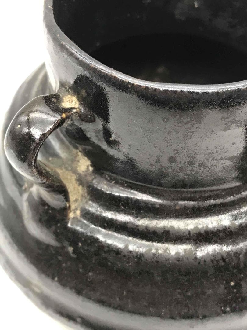 唐時代　黒釉鉄斑壺　双係瓶　水注　水差し　水指　海鼠釉　時代物(A-50)