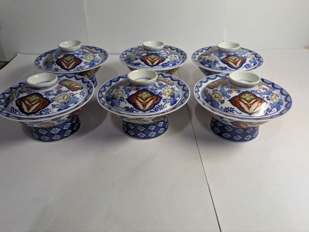 古伊万里、『染錦草花紋蓋物』、6客、銘「吉祥」有、箱無