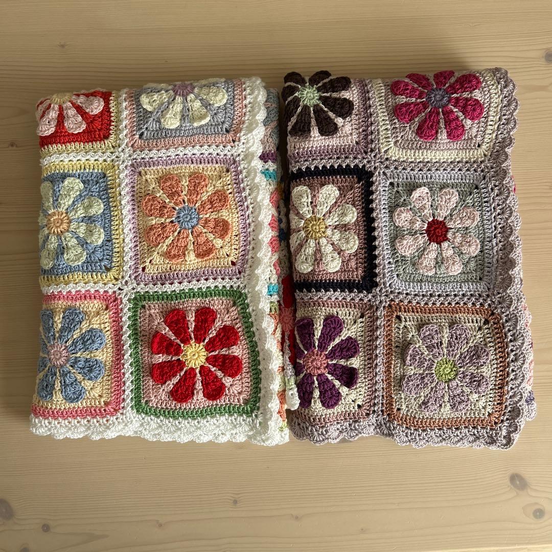 デイジーモチーフ マルチカバー 手編み ブランケット グラニースクエア