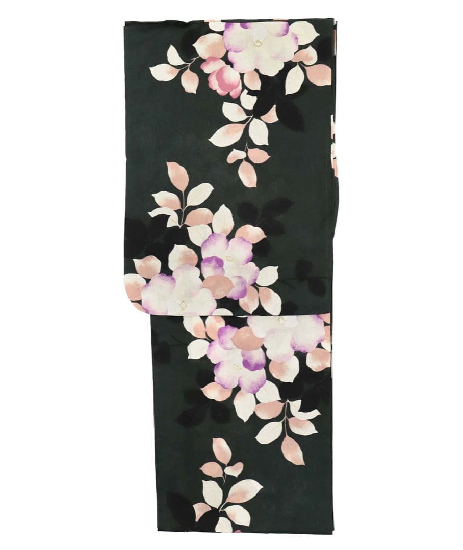 黒緑×ニュアンス椿 ゆかた3点セット (浴衣+平帯or作り帯+下駄)