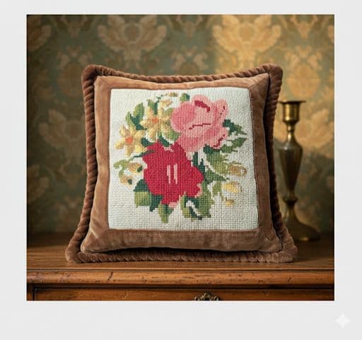アンティーク　 フラワー刺繍 クッションカバー（中身付き）
