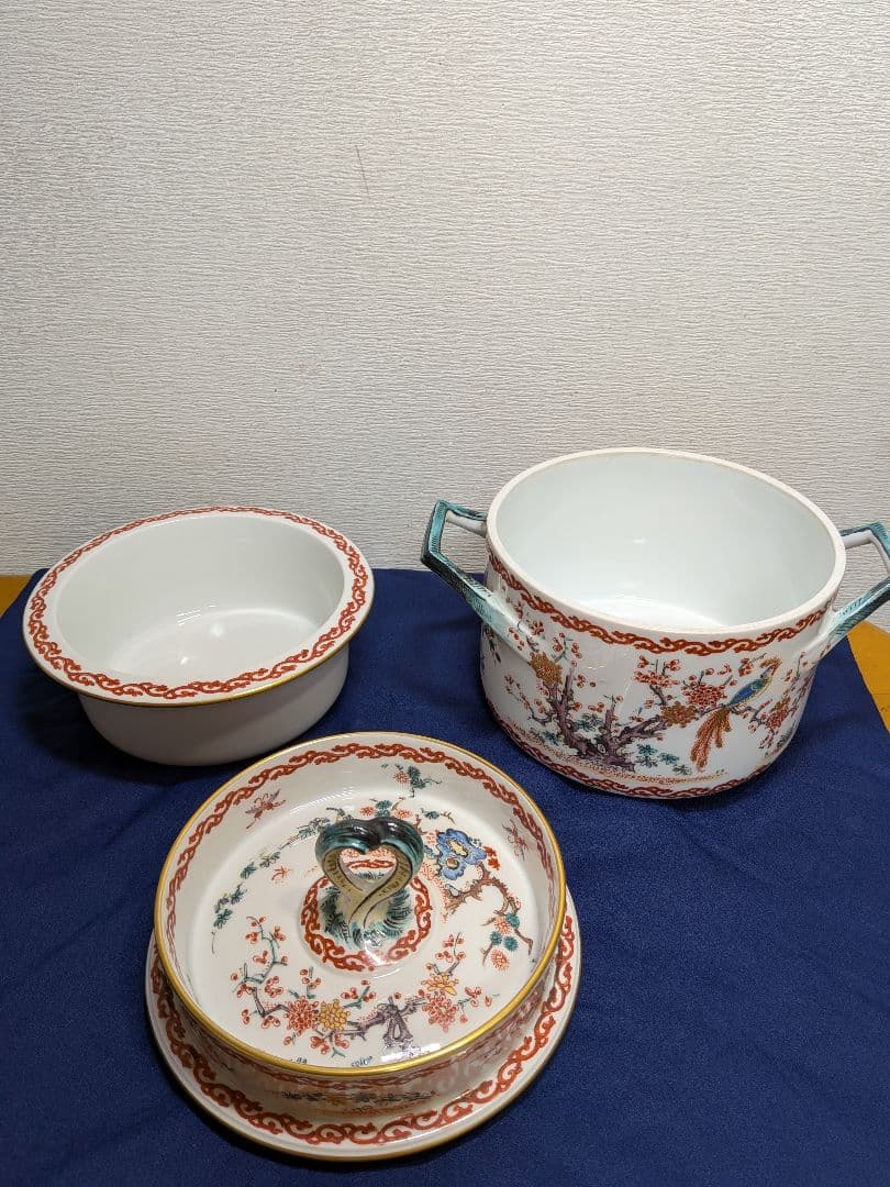 19世紀　フランス　シャンティイ窯　色絵松竹梅鳥紋　柿右衛門写　スープチュリーン