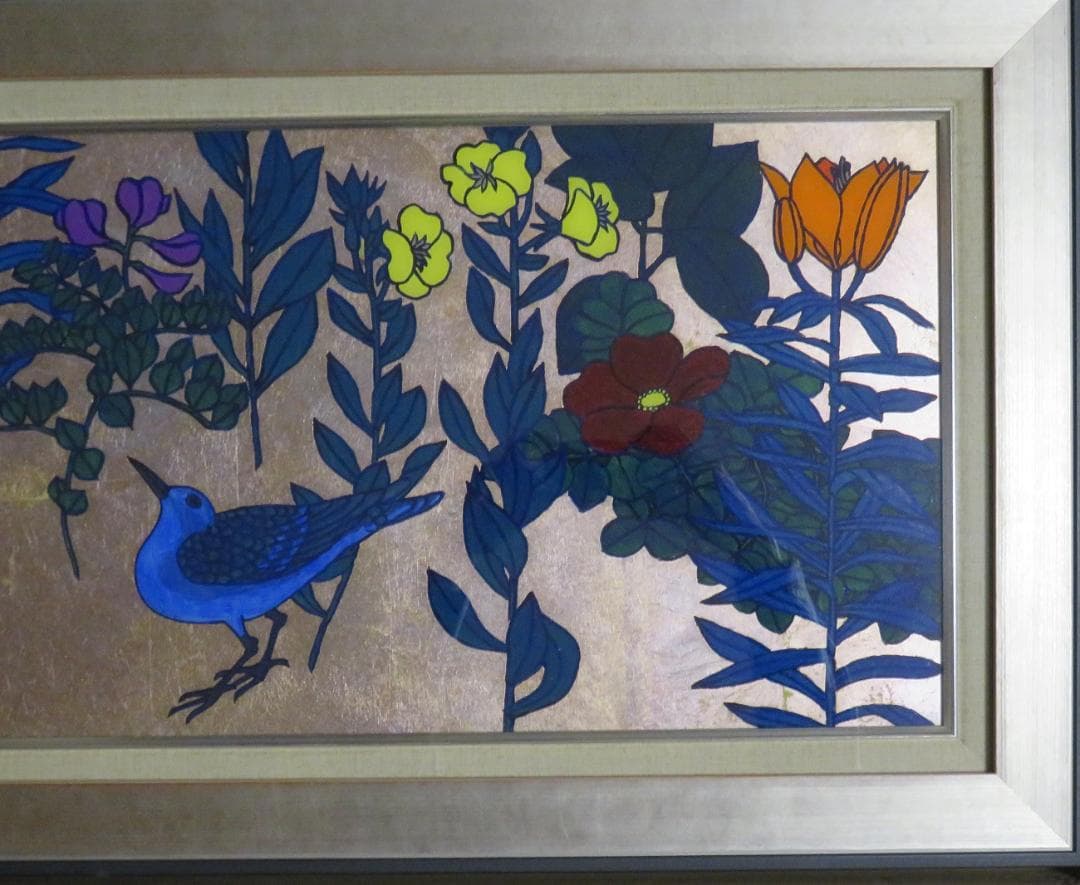 佐田　勝　「作品」（野の花・鳩）　ガラス絵　98×28cm　≪真作≫　MC