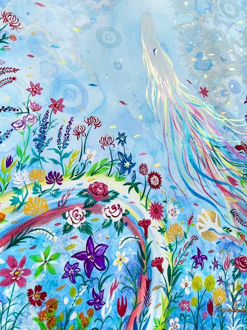 ありりん0703☆ 秋の花々と虹龍 絵画 アクリル画 開運絵画 龍ノツカイ