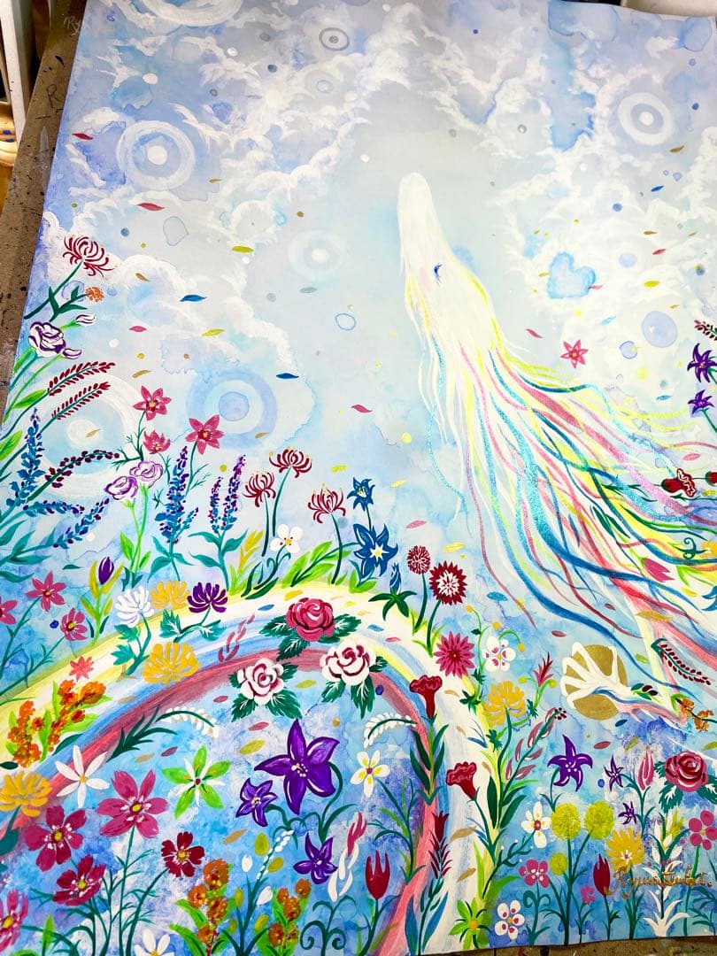 ありりん0703☆ 秋の花々と虹龍 絵画 アクリル画 開運絵画 龍ノツカイ