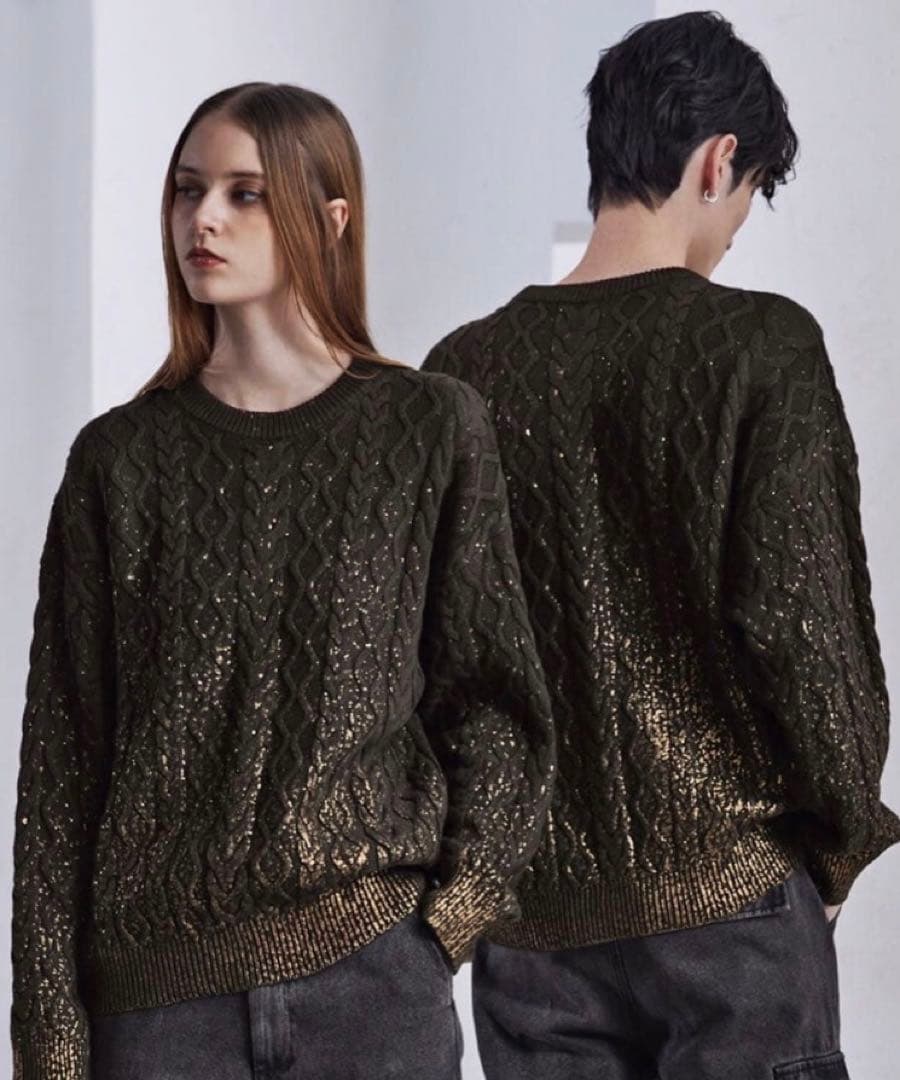 CLEL 箔プリントケーブルクルーネックニット ブラウン S