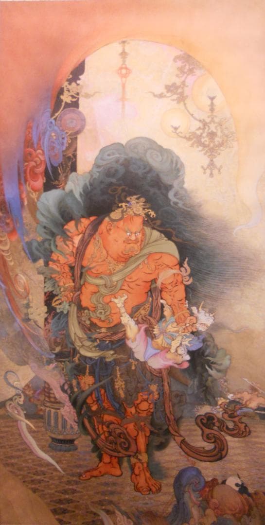 掛け軸 狩野芳崖 作『 仁王捉鬼図 』 絹本 名品 複製 希少 茶掛 掛軸 美品