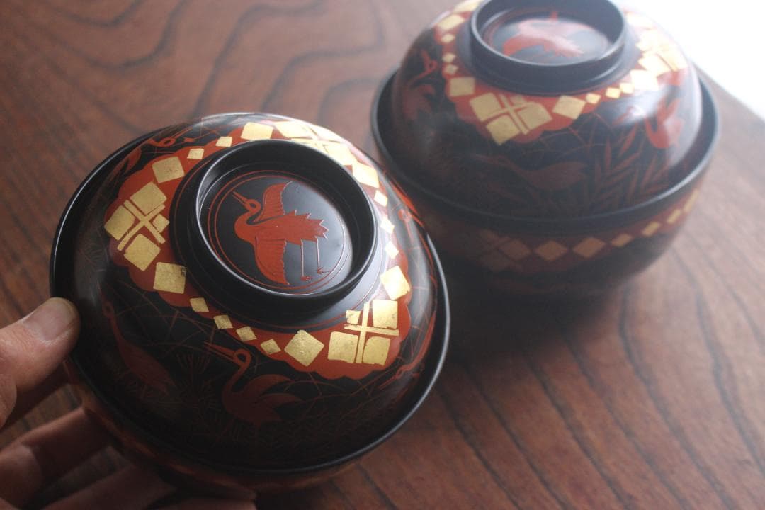 デッドストック！上質黒漆に極上秀衡蒔絵の映えるお椀2点（検山中塗