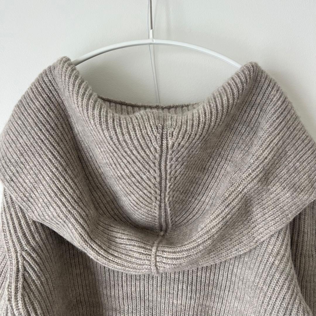 グレー リブ編み フード付きカーディガン