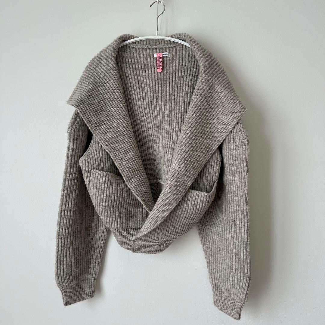 グレー リブ編み フード付きカーディガン