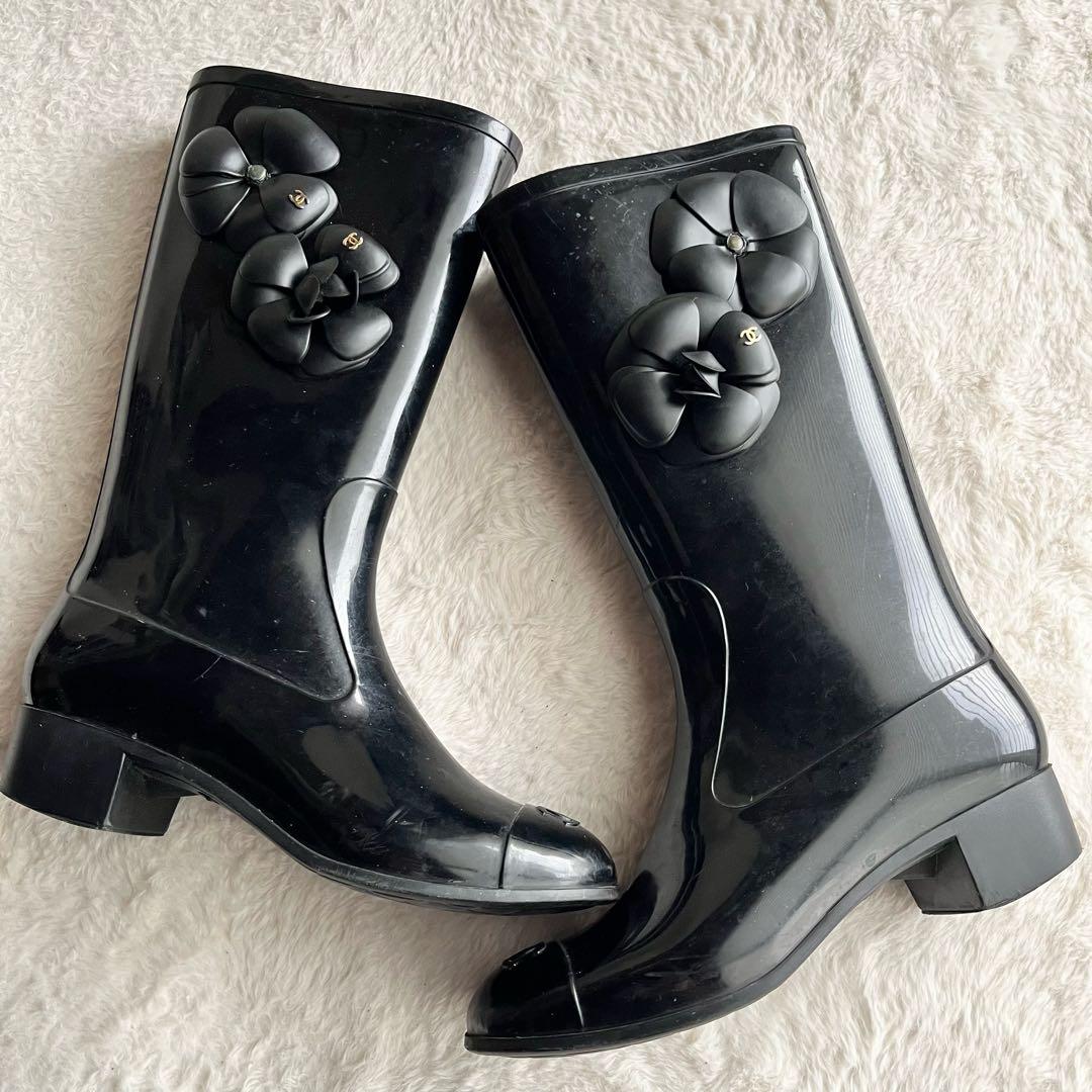 CHANEL シャネル レインブーツ 長靴 ココマーク カメリア 黒