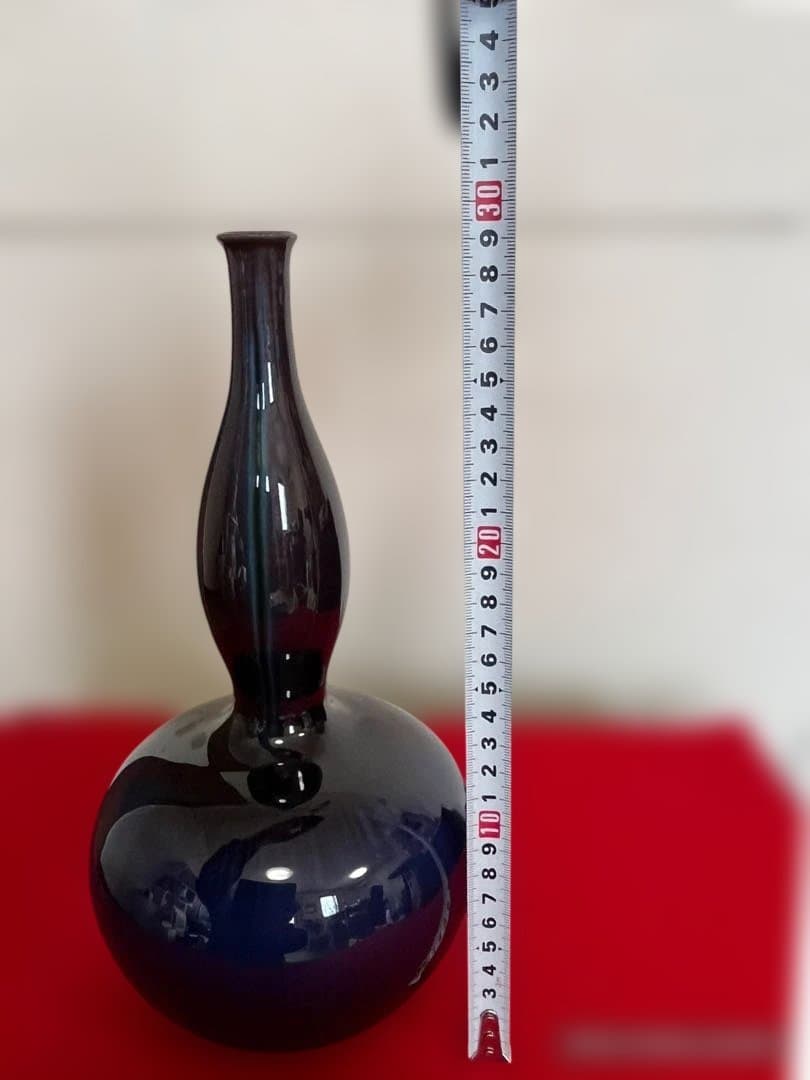 三代 徳田八十吉（正彦銘）深厚釉 瓢型 線文 花生 約29.5㎝ T306